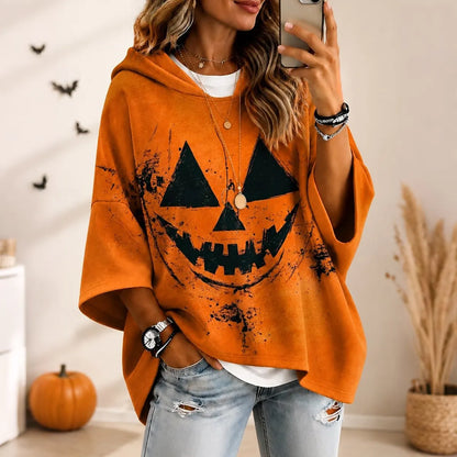 Cardydony Women's Retro Halloween Emoji Print Loose Hooded Top