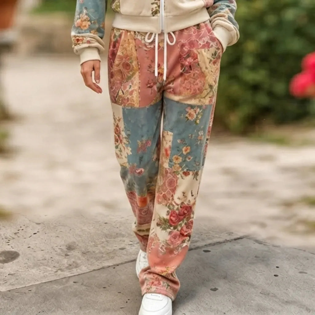 Cardydony Women's Retro Bohemian Floral Art Casual Sports Suit Two-piece Set