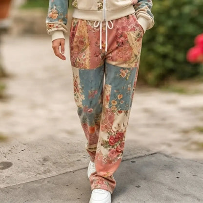 Cardydony Women's Retro Bohemian Floral Art Casual Sports Suit Two-piece Set