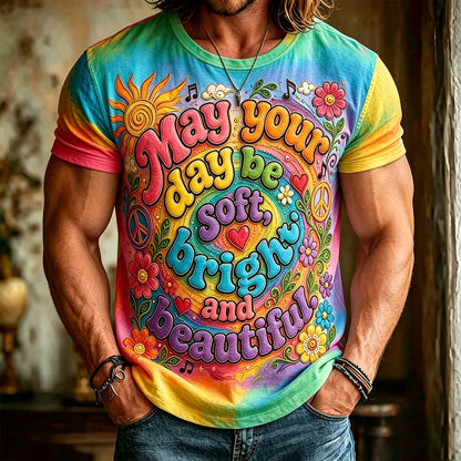 Cardydony Hippie Slogan And Floral Art Distressed Tie-dye Print Loose Short-sleeved Top