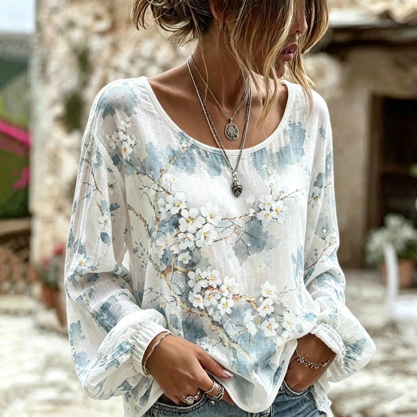 Cardydony Women's Retro Bohemian Japanese Art Floral Print Top