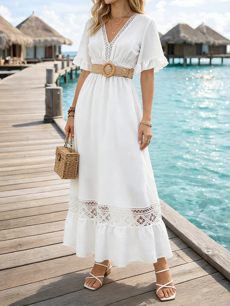 Cardydony Vintage Boho Lace Patchwork Cotton And Linen Maxi Dress