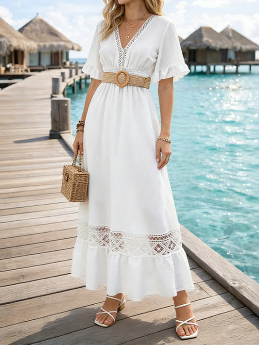 Cardydony Vintage Boho Lace Patchwork Cotton And Linen Maxi Dress