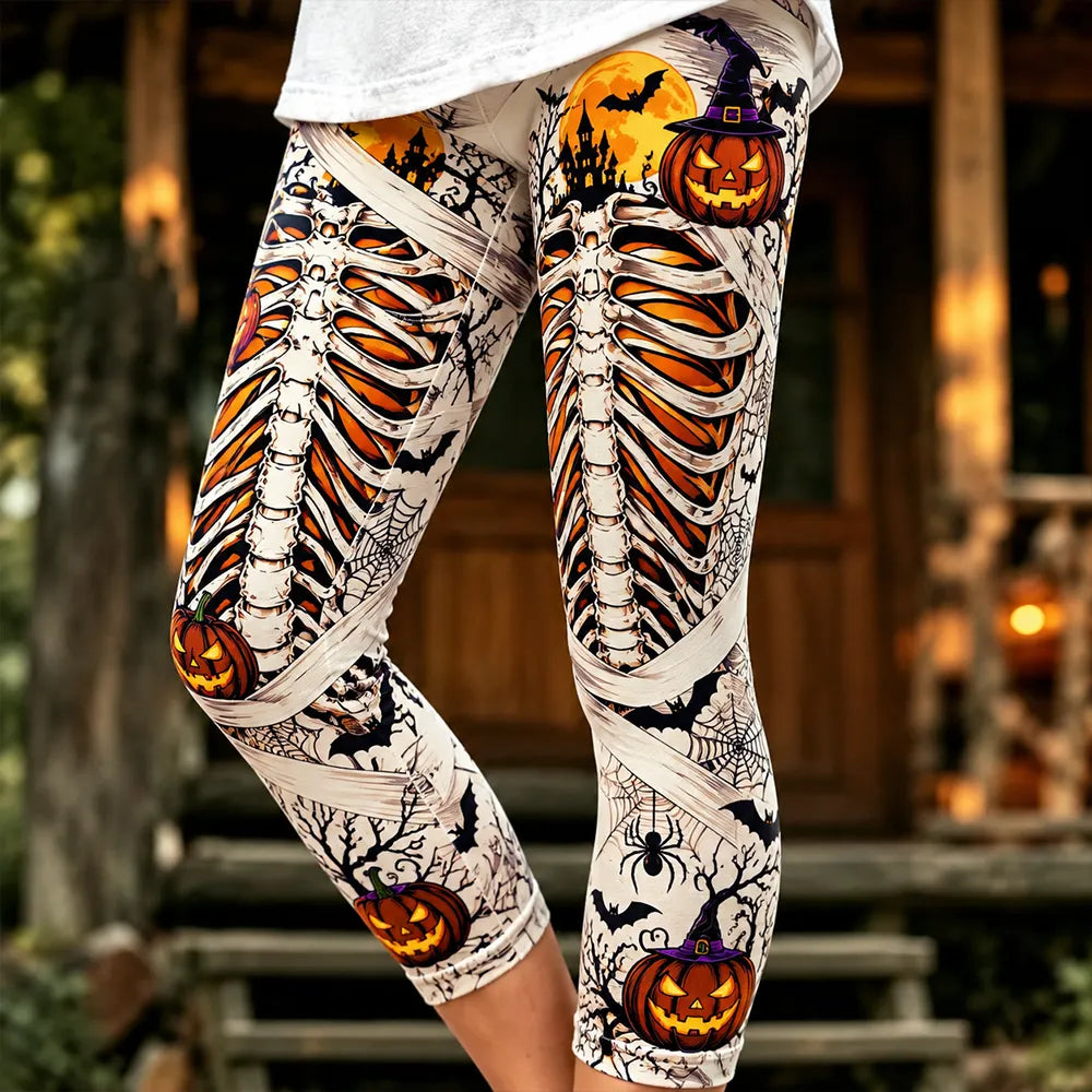Cardydony Women's Halloween Leggings With Spooky Skeleton Ribcage, Mummy Wraps, And Witch Hat Jack-o'-lantern Print