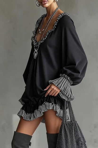 Cardydony Women's Fashionable Patchwork Ruffled Loose Long-sleeved Casual Mini Dress