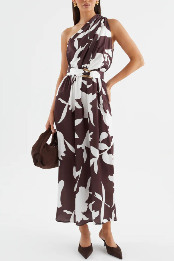 Cardydony Women's Unique Printed One-Shoulder Belt Casual Holiday Maxi Dress