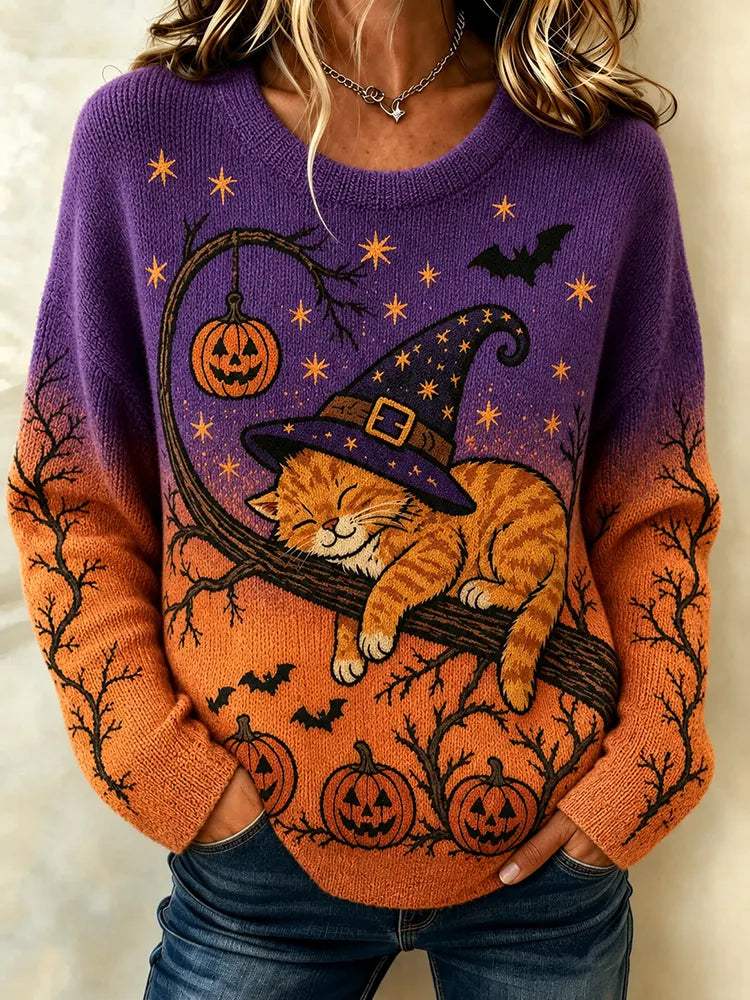 Cardydony Women's Retro Halloween Lazy Cute Cat Print Cozy Knit Crew Neck Sweater