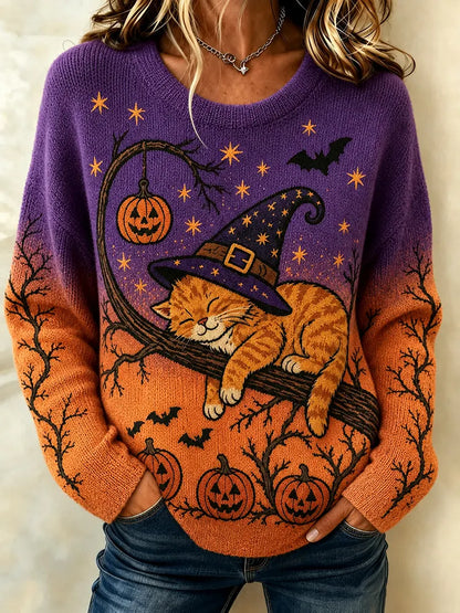 Cardydony Women's Retro Halloween Lazy Cute Cat Print Cozy Knit Crew Neck Sweater