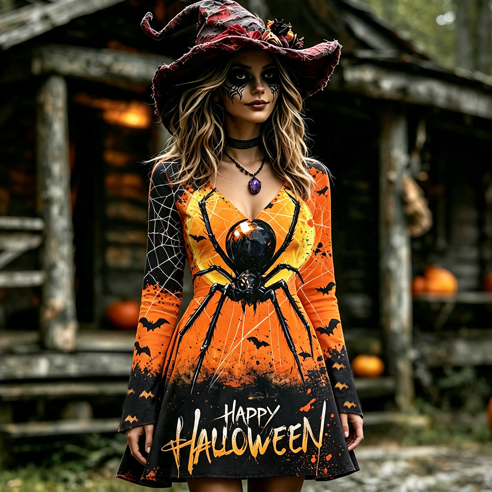 Cardydony Women's Halloween Graphic Midi Dress - Haunted House, Floating Ghosts, Tombstones And Pumpkins Print Short Sleeve Dress
