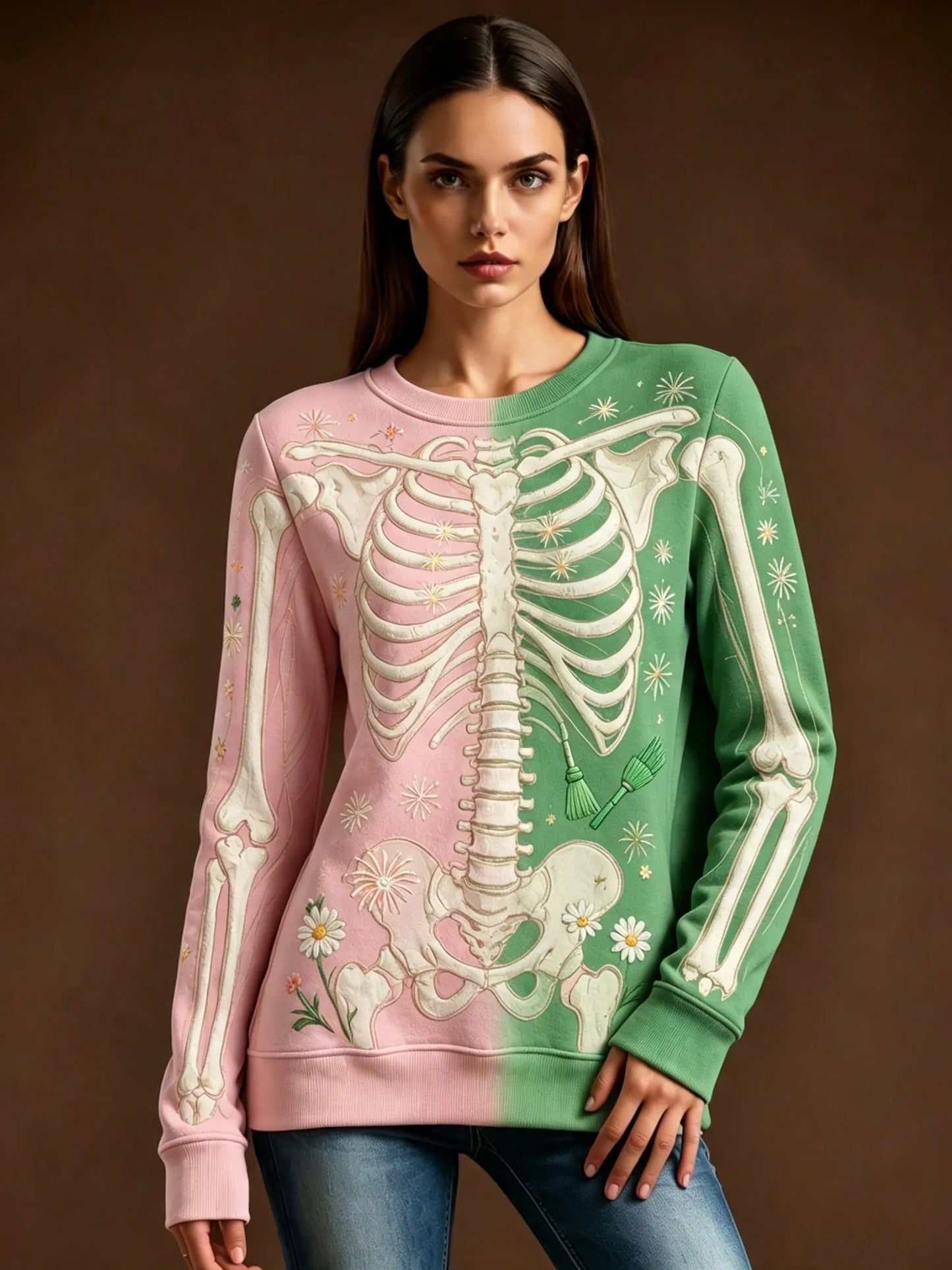 Cardydony Women's Retro Halloween Skull And Floral Pattern Casual Comfortable Sweatshirt