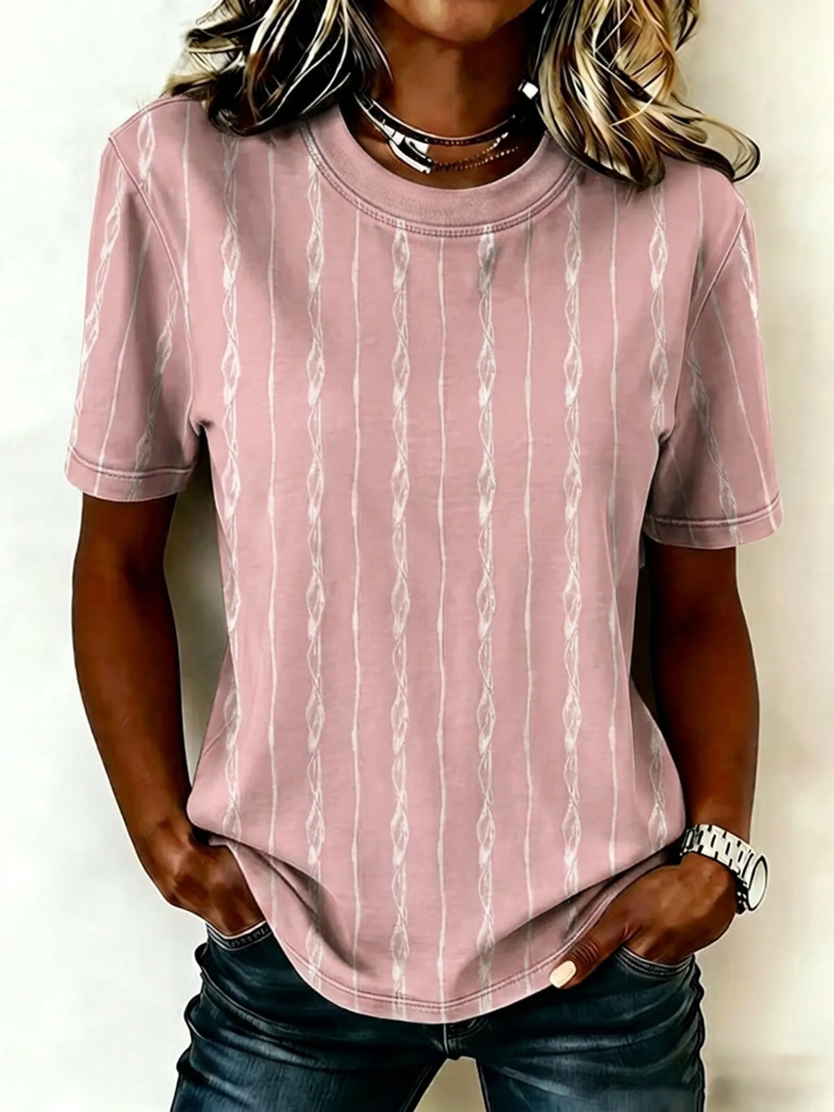 Cardydony Women's Simple Striped Art Print Casual Crew Neck T-shirt