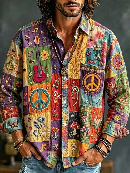 Cardydony Men's Peace Sign And Guitar Hippie Patchwork Print Long Sleeves Shirt