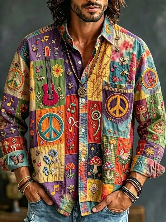 Cardydony Men's Peace Sign And Guitar Hippie Patchwork Print Long Sleeves Shirt