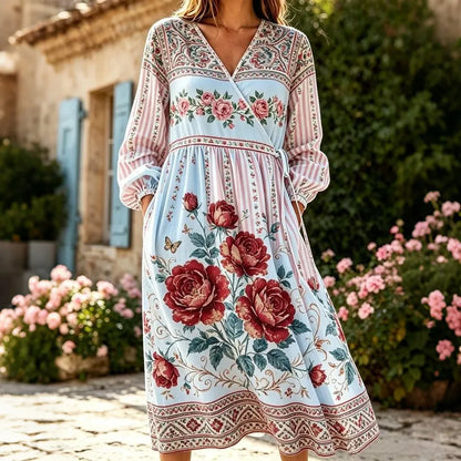 Cardydony Women's Retro Resort Floral Striped Print Cotton Linen Dress