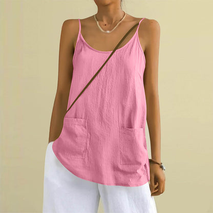 Cardydony Women's Solid Color Sleeveless Linen Blend Pocket Camisole