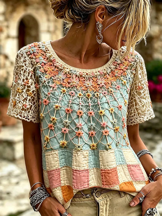 Cardydony Women's Vintage Floral And Color Block Pattern Crew Neck T-shirt