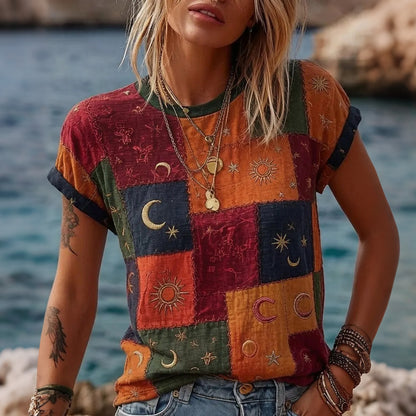 Cardydony Women's Ethnic Sun, Moon And Stars Color Block Cotton Linen T-shirt