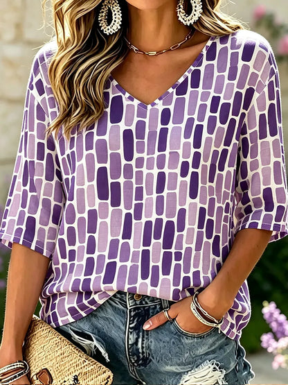 Cardydony Women's V-neck Casual Blouse - Purple Abstract Geometric Pattern Tee