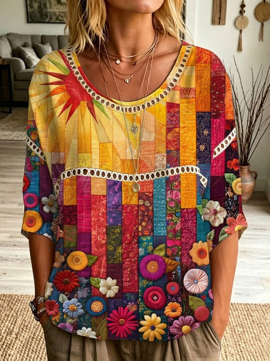 Cardydony Women's Retro Floral Art Print Linen Blend Casual Top