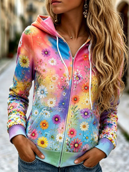 Cardydony Women's Retro Hippie Floral Print Zip Up Hoodie