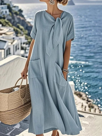 Cardydony Women's Elegant Bow-knot Pocket Cotton And Linen Midi Dress