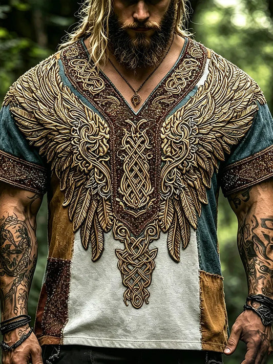 Cardydony Medieval Norse Eagle Wing Heavy Embroidery V Neck T-shirt, Vintage Patchwork Forest Viking Casual Top