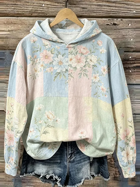 Cardydony Women's Pink Rose And Butterfly Art Print Patchwork Hoodie