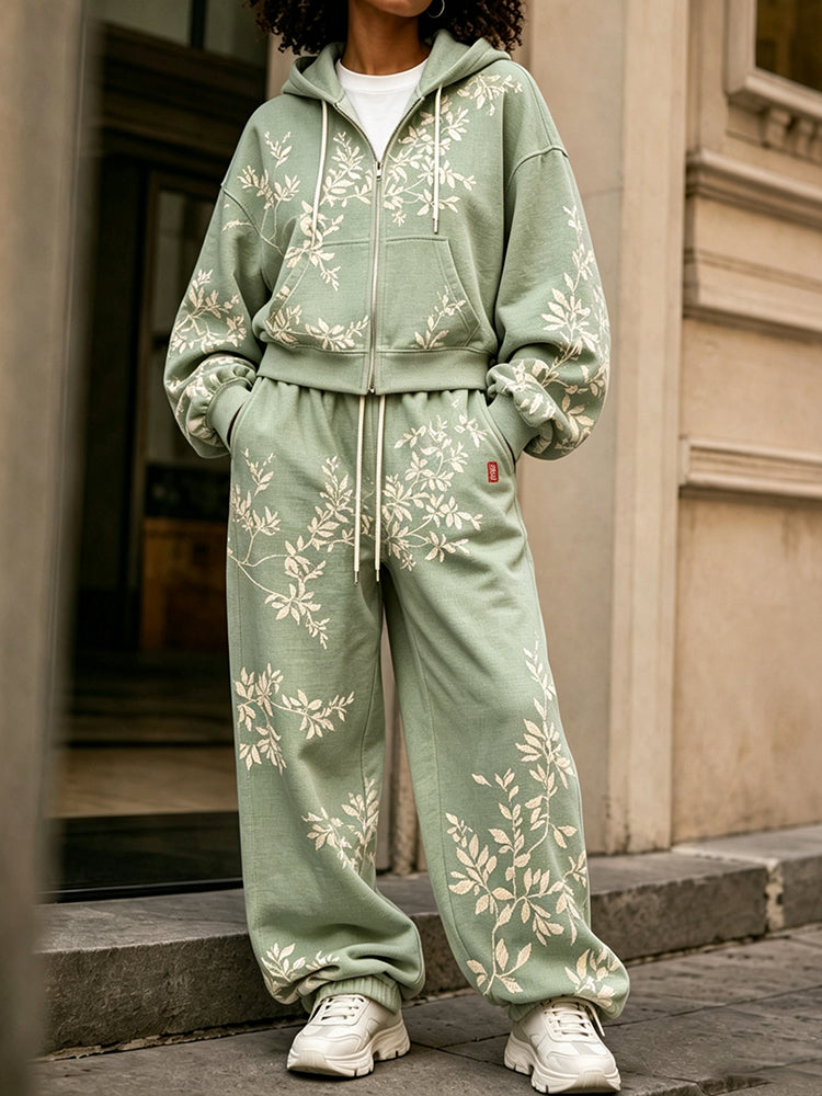 Cardydony Women's Vintage Floral Art Print Zip Up Hoodie Two Piece Set