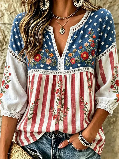 Cardydony Women's Retro Color Block Floral Design Cotton Linen T-shirt