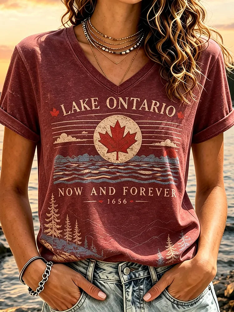 Cardydony Women's Casual V-neck Short-sleeve T-shirt - Lake Ontario Maple Leaf & Mountain Sunset Print