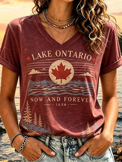 Cardydony Women's Casual V-neck Short-sleeve T-shirt - Lake Ontario Maple Leaf & Mountain Sunset Print