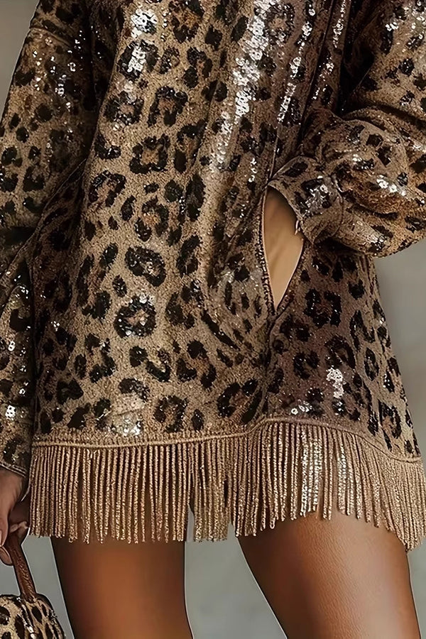 Cardydony Women's Stylish Leopard Print Sequined Turtleneck Long-sleeved Tassel Hem Loose Mini Dress