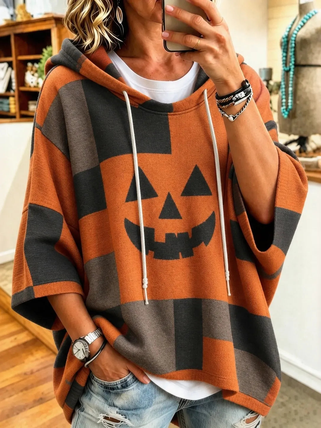 Cardydony Women's Halloween With Spooky Face Printing Hoodie