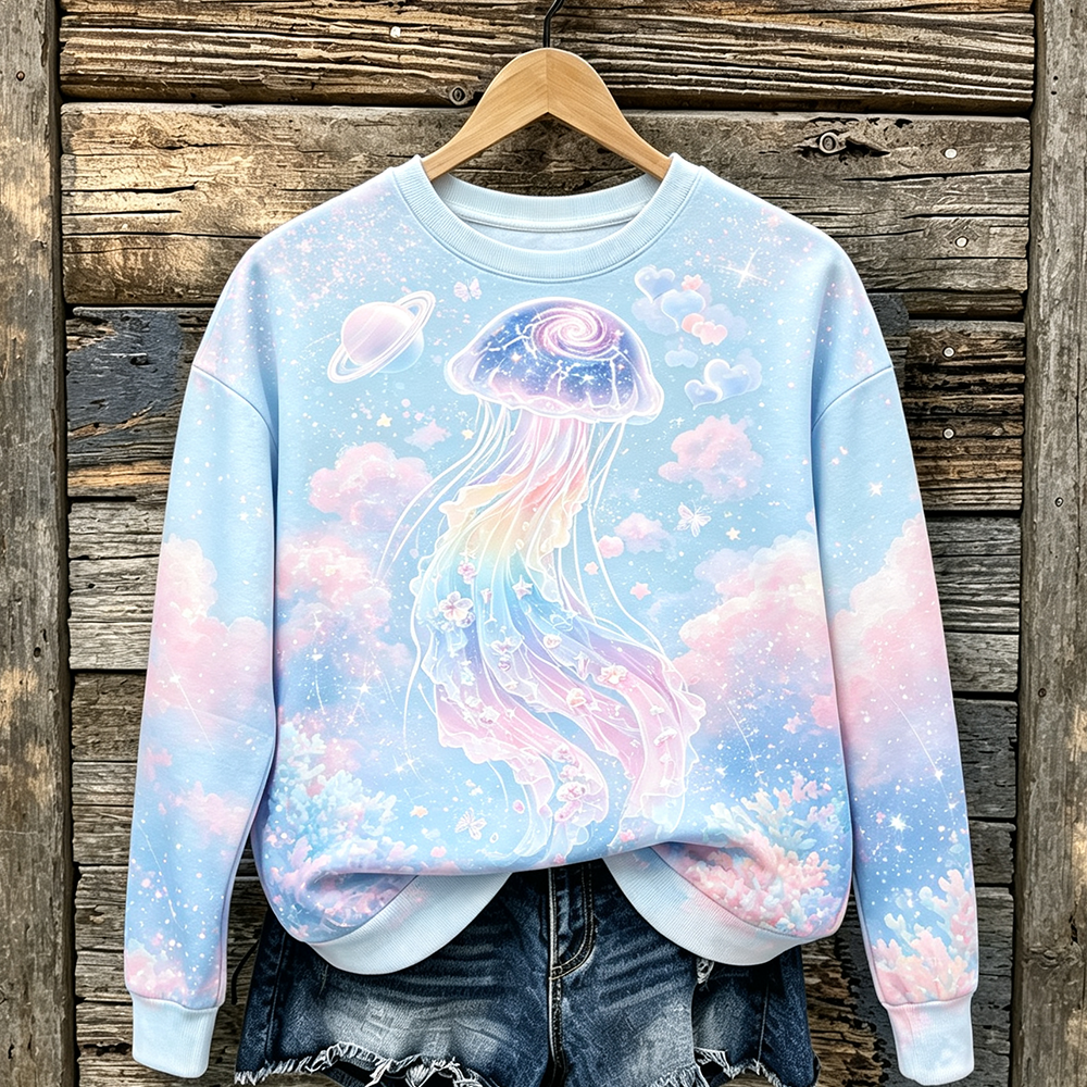 Cardydony Women's Casual Crewneck Sweatshirt Featuring Cosmic Jellyfish And Planet Motif