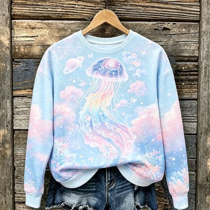 Cardydony Women's Casual Crewneck Sweatshirt Featuring Cosmic Jellyfish And Planet Motif