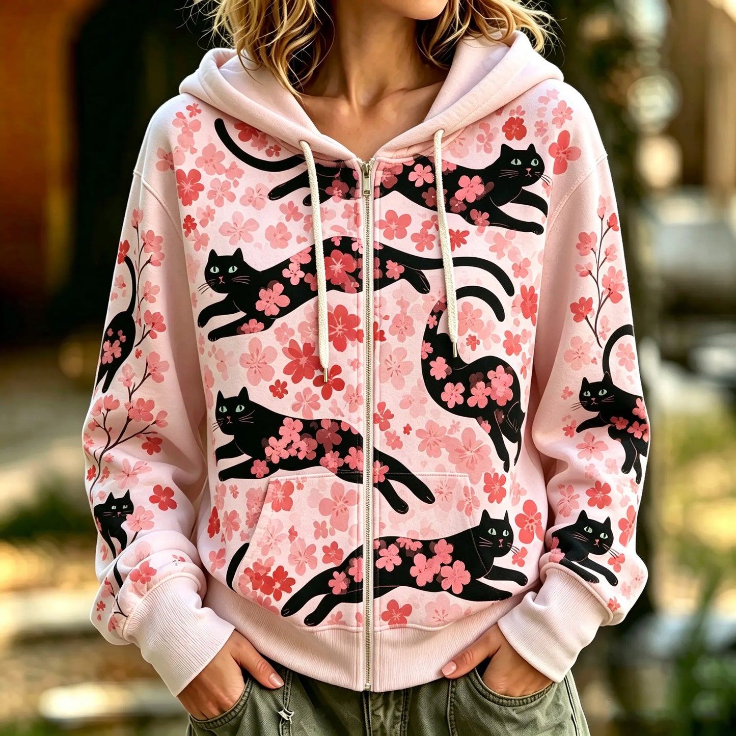 Cardydony Women's Cat Floral Print Hooded Zip-up Sweatshirt