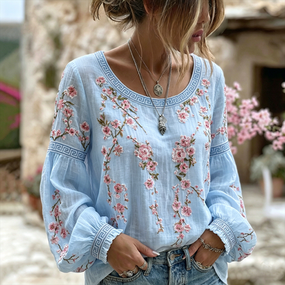 Cardydony Women's Japanese Flower Art Crew Neck Linen Blend T-shirt
