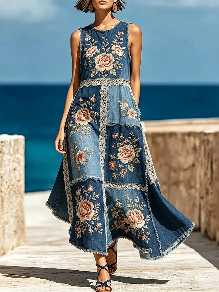 Cardydony Women's Lace Floral Patchwork Retro Cotton And Linen Vest Dress