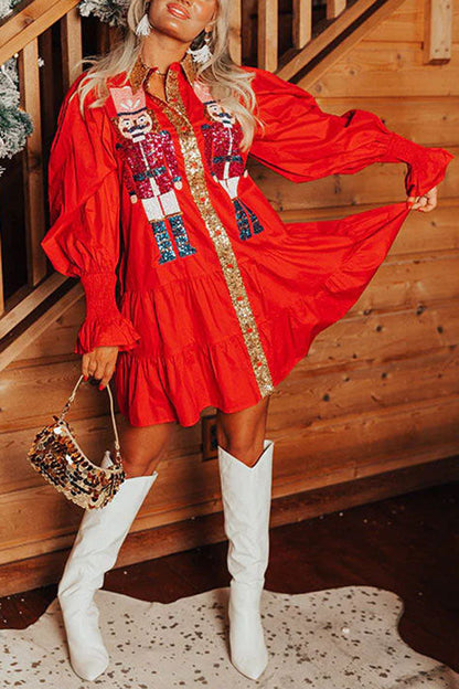 Cardydony Women's Nutcracker Sequined Button Down Long Sleeve Mini Dress