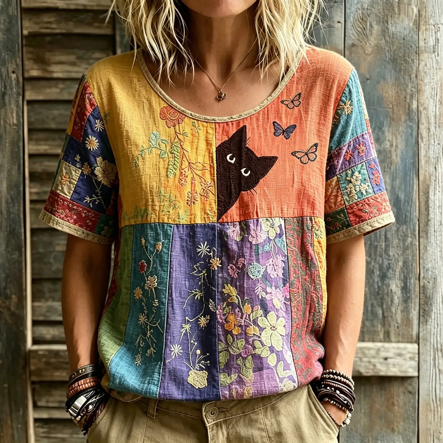 Cardydony Women's Hippie Black Cat Art Embroidered Linen Blend Round Neck Tshirt