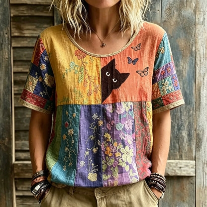 Cardydony Women's Hippie Black Cat Art Embroidered Linen Blend Round Neck Tshirt