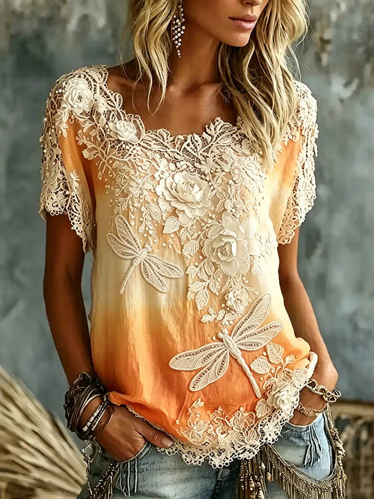Cardydony Women's Vintage Rose Flowers And Dragonflies Gradient Art Flowy Linen Blend Casual T-shirt
