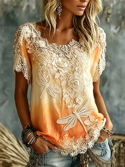 Cardydony Women's Vintage Rose Flowers And Dragonflies Gradient Art Flowy Linen Blend Casual T-shirt