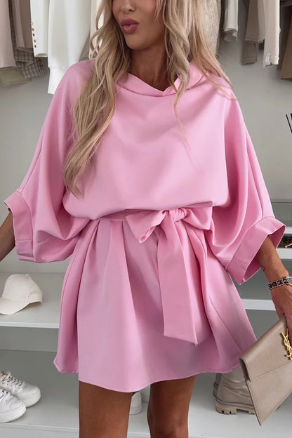 Cardydony Women's Solid Color Loose Round Neck Belted Mini Dress