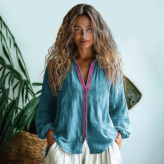 Cardydony Bohemian Style Linen Print Long Sleeve Shirt