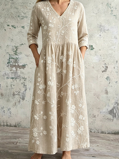 Cardydony Women's Vintage Floral Art Casual Linen Dress