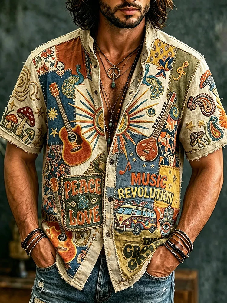 Cardydony Men's Peace And Love Music Revolution Sun Guitar Peacock Patchwork Art Print Casual Shirt