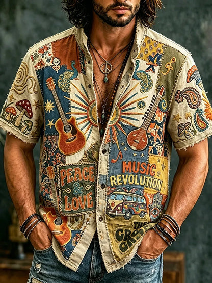 Cardydony Men's Peace And Love Music Revolution Sun Guitar Peacock Patchwork Art Print Casual Shirt