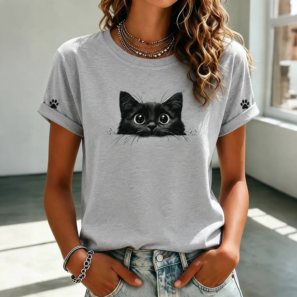 Cardydony Women's Vintage Black Cat Art Casual Short Sleeve T-shirt