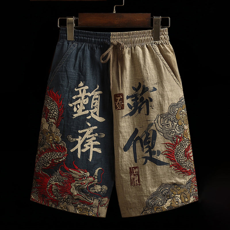 Cardydony Men's Japanese-style Linen Shorts With Dragon And Calligraphy Patterns